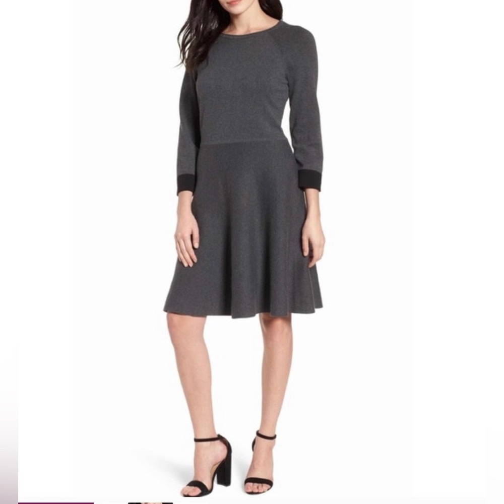 Vince Camuto Charcoal 3/4 Sleeve Knit Dress Cotton Blend Fit and Flare Style M